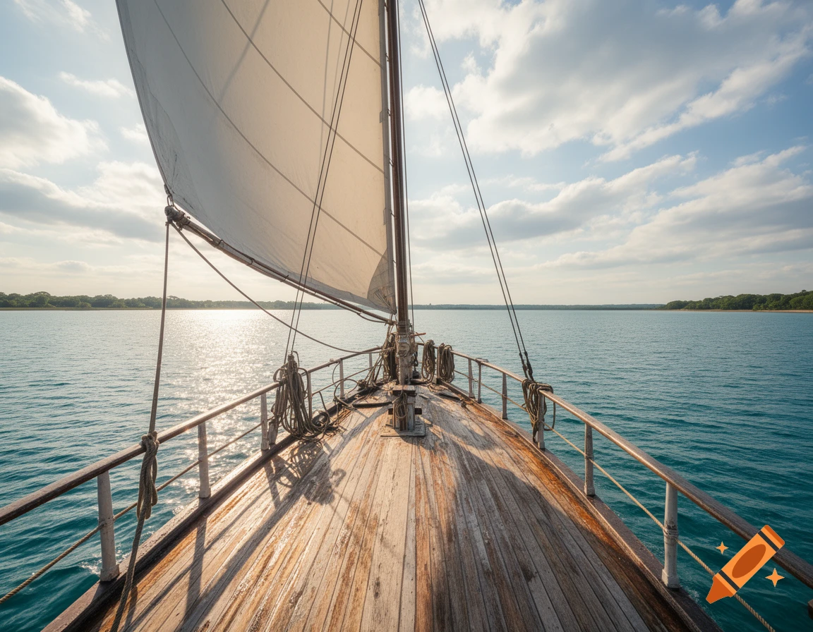 View from the bow of a wooden sailboat with a white sail on calm blue water under a cloudy sky, land in distance.