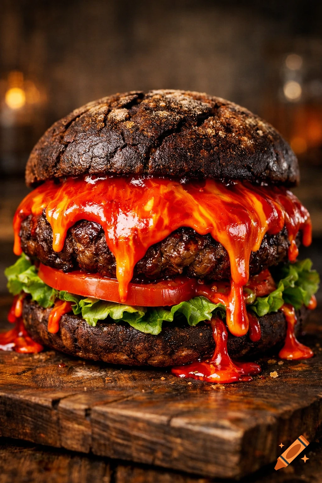 Photorealistic 'Lava Burger' with dark buns, double patties, lettuce, tomato, and bright red molten sauce dripping on wood.