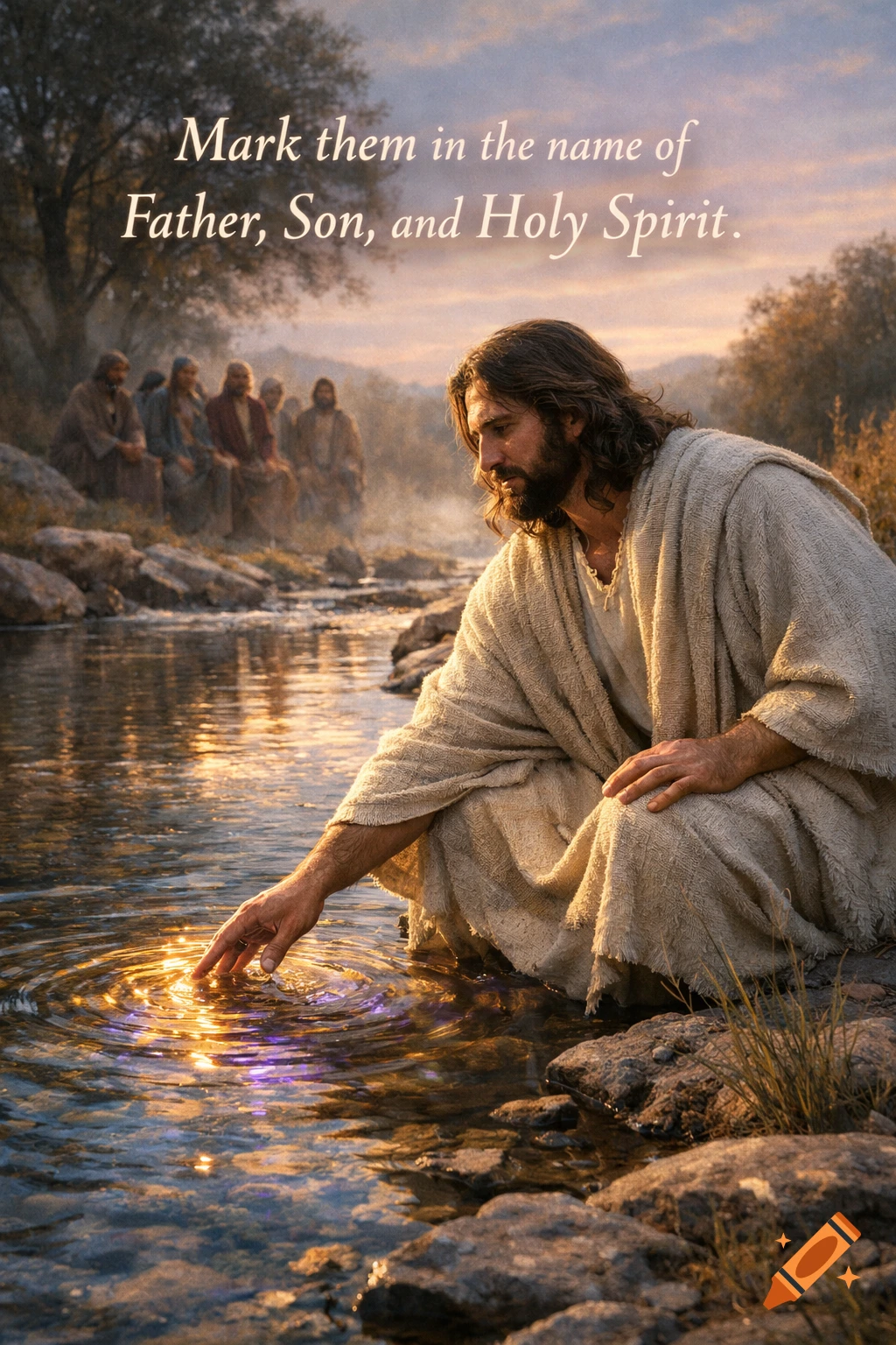 Jesus kneels by a river, his hand touching water that shimmers with golden light, while disciples observe in the background under a sunset.