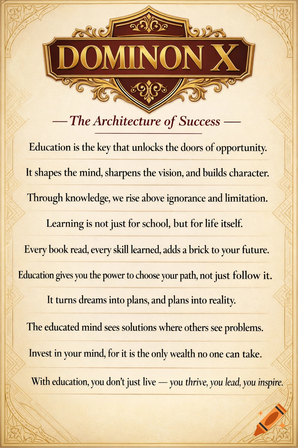 An elegant inspirational poster titled 'DOMINON X - The Architecture of Success' with gold accents and text about education.