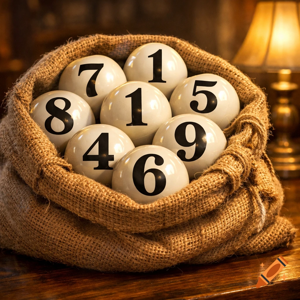 White balls with numbers 1, 4, 5, 6, 7, 8, 9 spilling from a burlap sack on a wooden table.