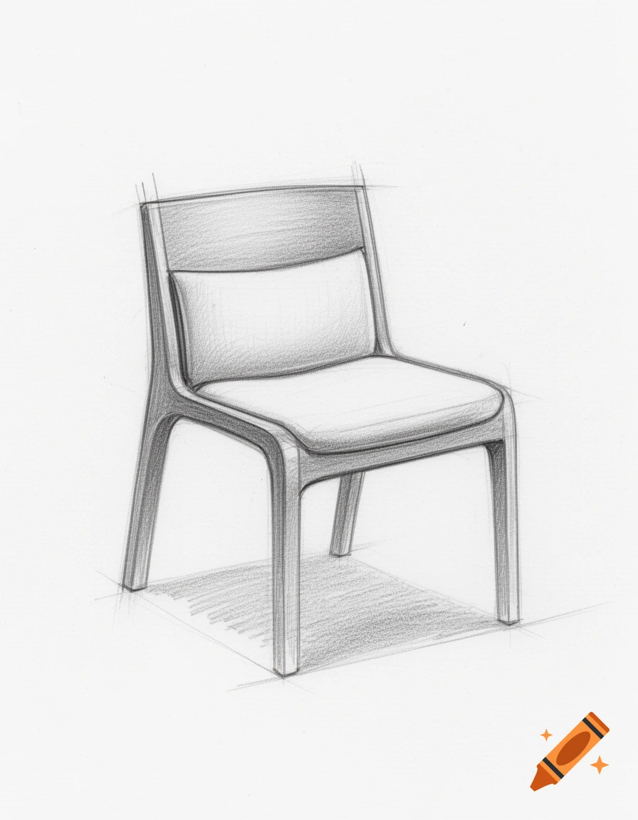 A detailed pencil sketch of a modern, minimalistic chair with a fabric seat and backrest.