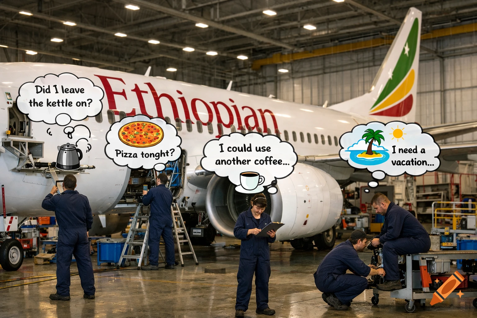 Photorealistic image of mechanics working on an Ethiopian airplane in a hangar, with cartoon thought bubbles showing their humorous thoughts.