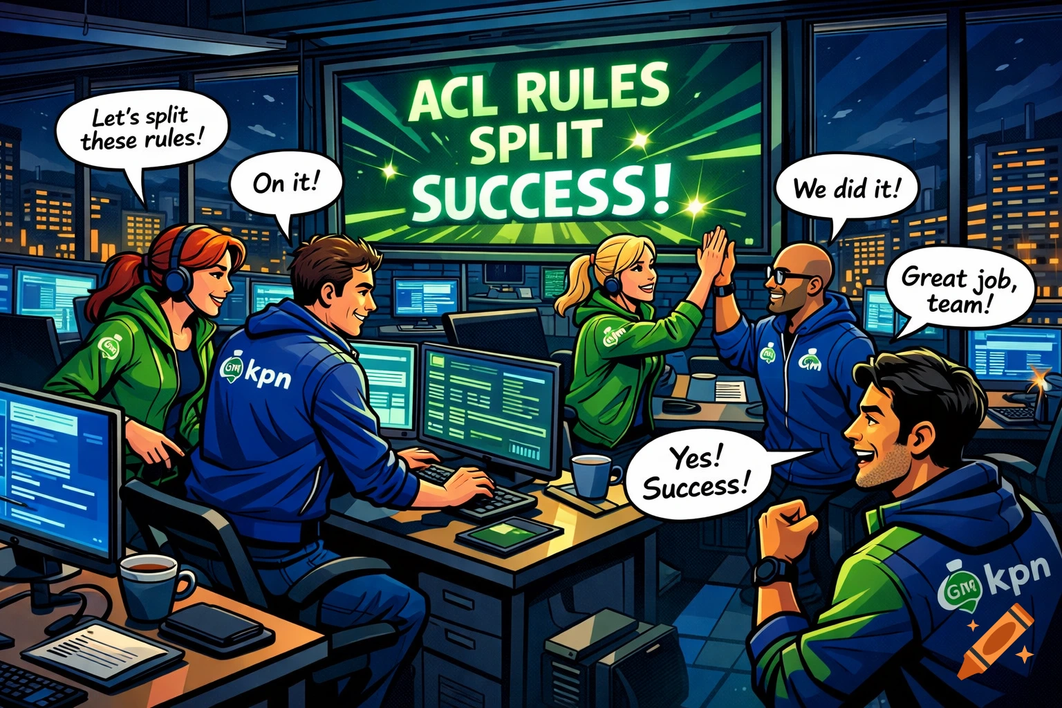 A comic strip showing a diverse team of KPN employees in a control room at night, celebrating a successful project to split ACL rules, with high-fives and triumphant text on a large screen.