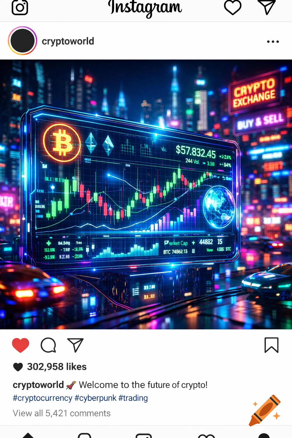 A vibrant, futuristic cyberpunk city scene with glowing neon cryptocurrency charts on a large screen, displaying Bitcoin and other crypto data, with sleek cars passing by.