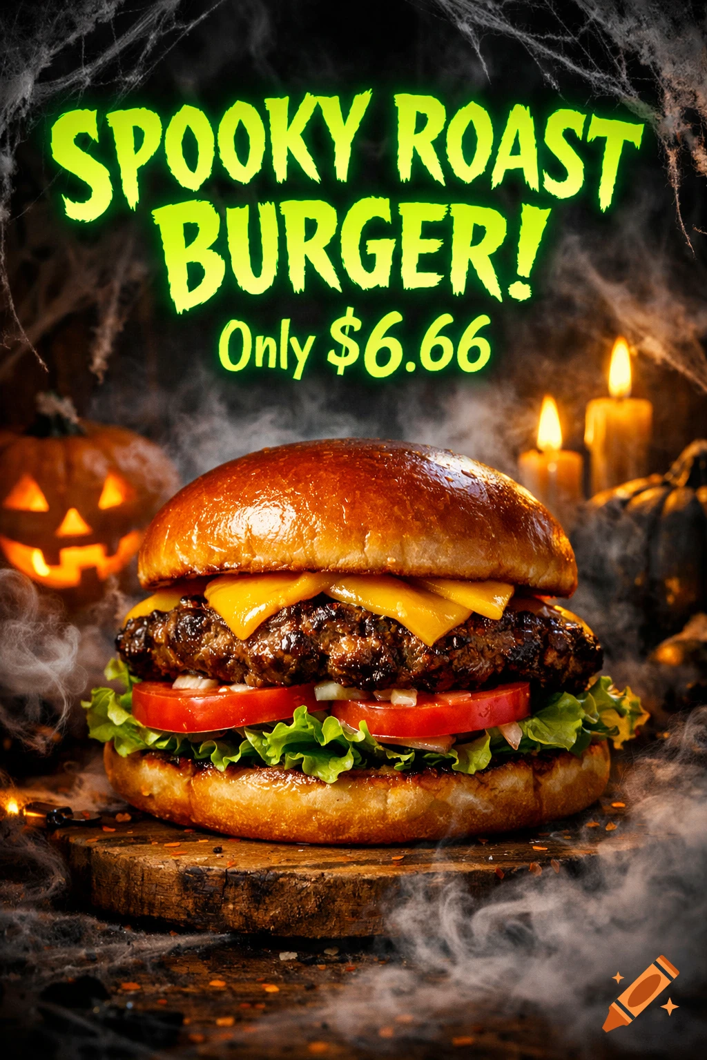 A Halloween advertisement features a gourmet burger on a wooden board, with smoke, spiderwebs, a pumpkin, and candles. Text: 'SPOOKY ROAST BURGER! Only $6.66'.
