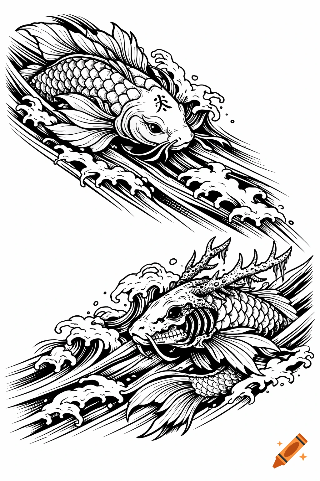 Blackwork tattoo design of two stylized koi fish, one a Dragon Koi with a kanji symbol, the other a Stag Koi with exposed ribs and antlers, within diagonal waves.