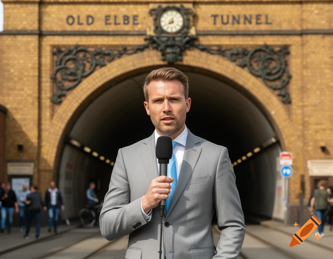 A male reporter in a grey suit and blue tie holds a microphone, standing in front of the Old Elbe Tunnel entrance.