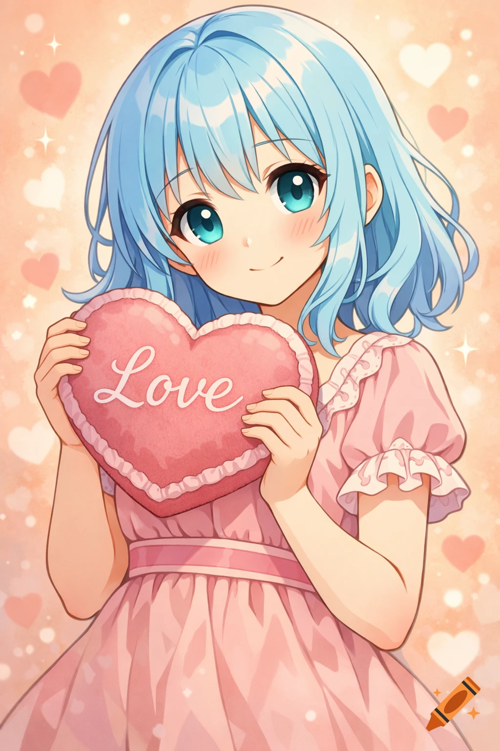 Anime girl with blue hair in a pink dress holds a pink heart pillow embroidered with 'Love' against a heart-patterned background.
