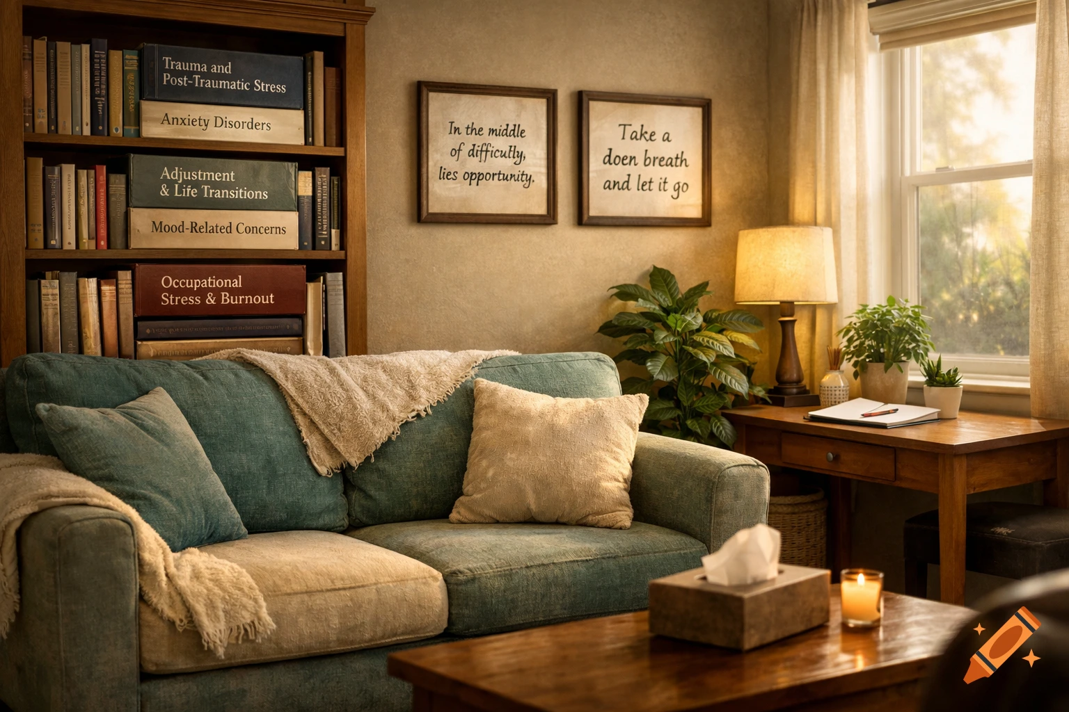A cozy, sunlit room with a bookshelf filled with books, a teal sofa, a wooden desk with a lamp, plants, and framed motivational quotes.