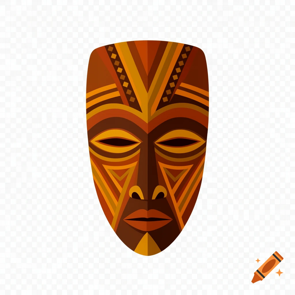 A stylized, geometric tribal African mask in shades of brown, orange, and yellow on a transparent background.
