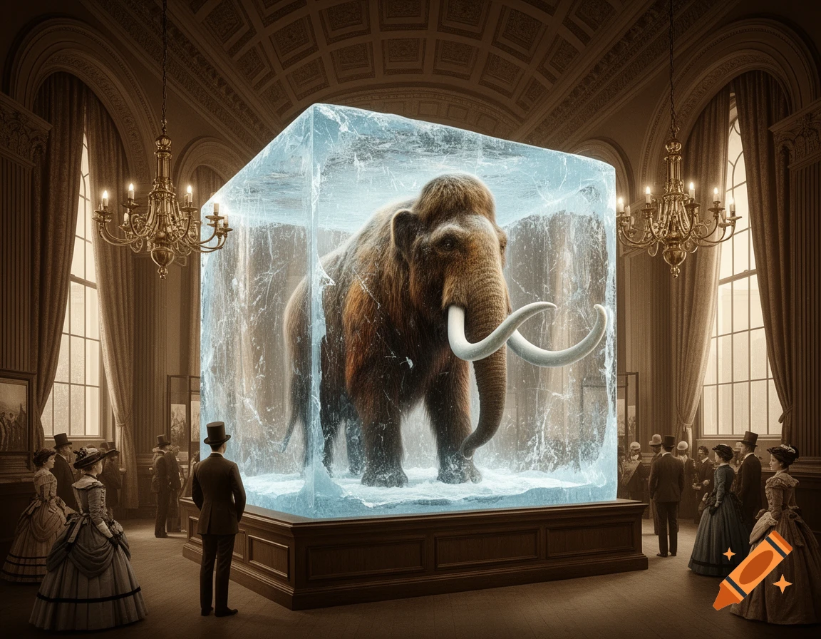 A woolly mammoth frozen in a large ice cube on display in a grand 1899 museum with formally dressed onlookers.