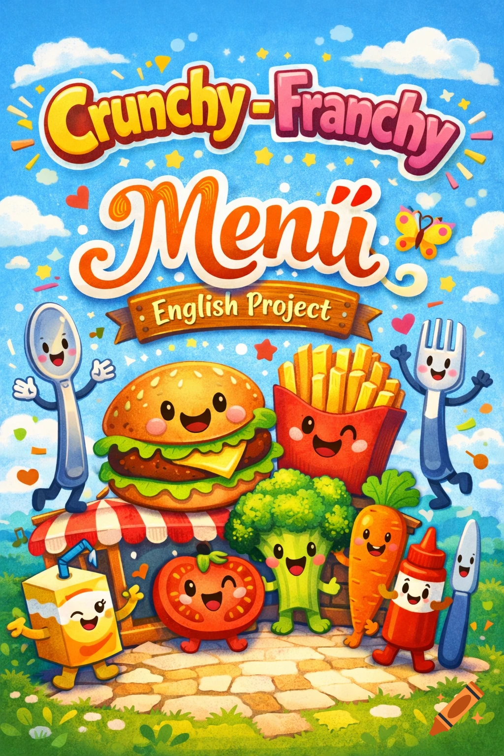 Colorful cartoon illustration for a children's menu featuring anthropomorphic food items, cutlery, and text that reads "Crunchy-Franchy Menüü English Project."
