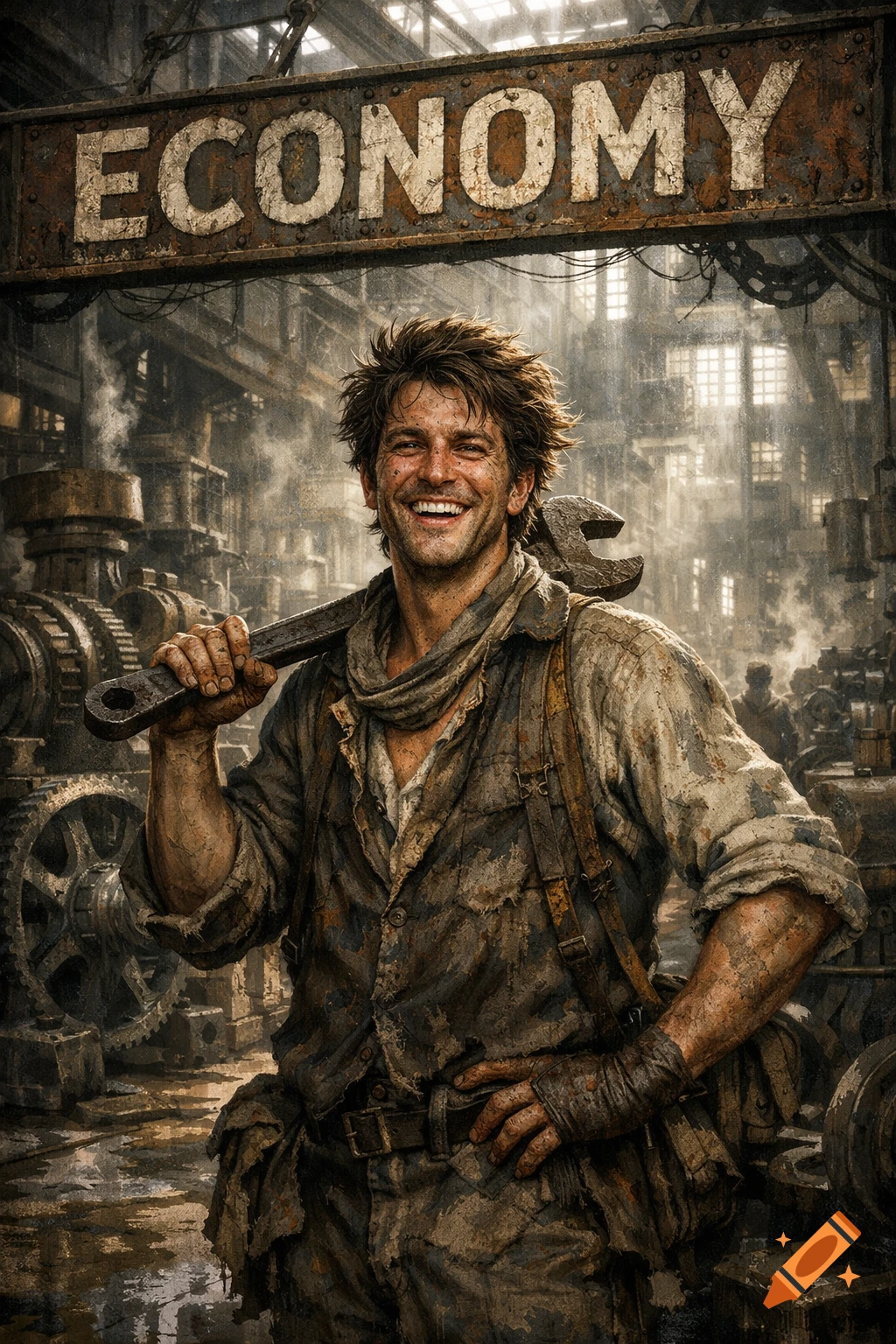 A smiling, dirty man in ragged clothes holds a wrench in a smoky factory with an 'ECONOMY' sign overhead, in a realistic, gritty style.