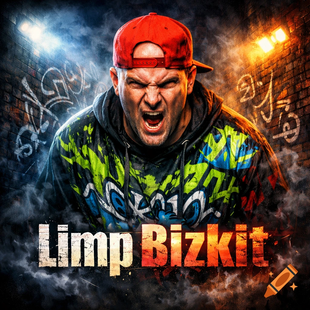 Aggressive man in red cap and graffiti hoodie, shouting, with 'Limp Bizkit' text, in a smoky urban setting.