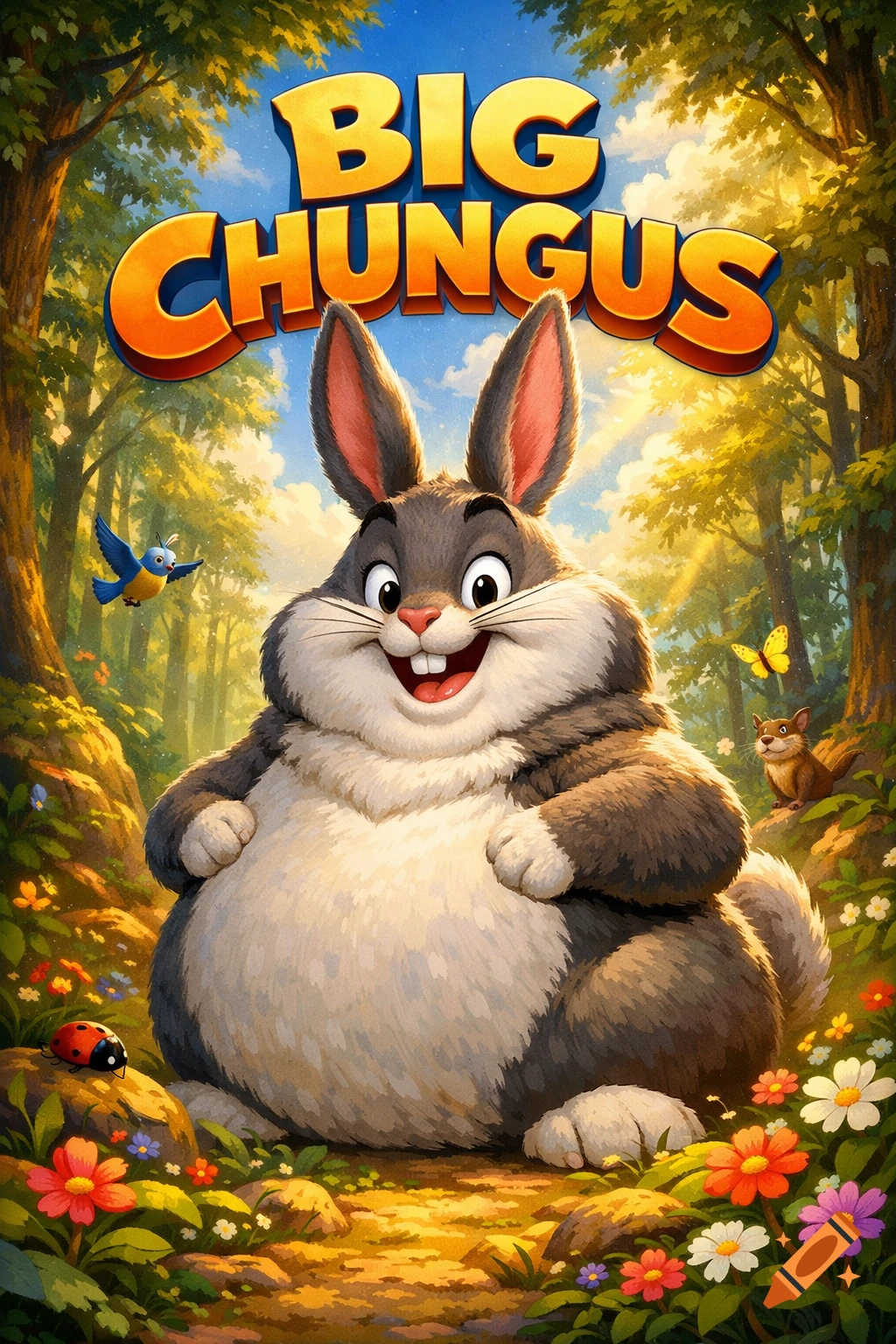 A large, smiling cartoon rabbit, 