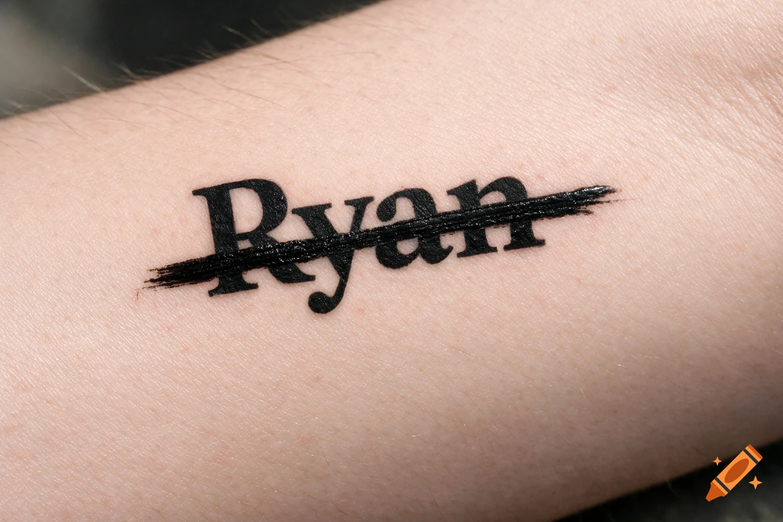 Close-up of a black tattoo on pale skin reading 'Ryan' with a thick black line brushed through it.