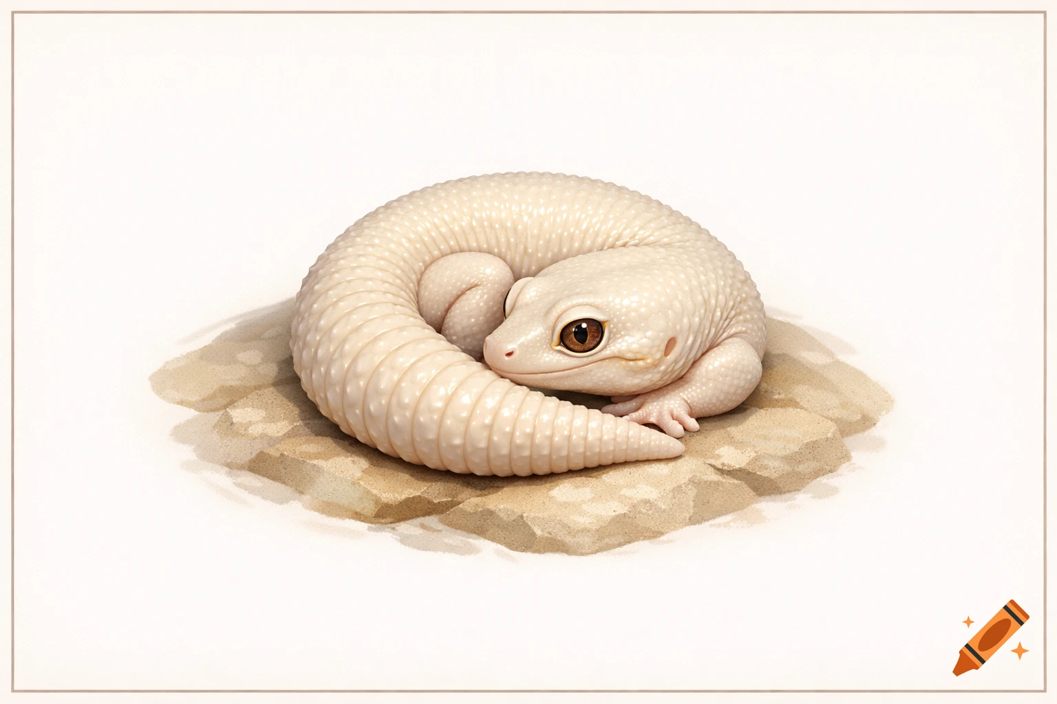 A photorealistic cream-colored gecko, curled up on a sandy patch, isolated on a white background.