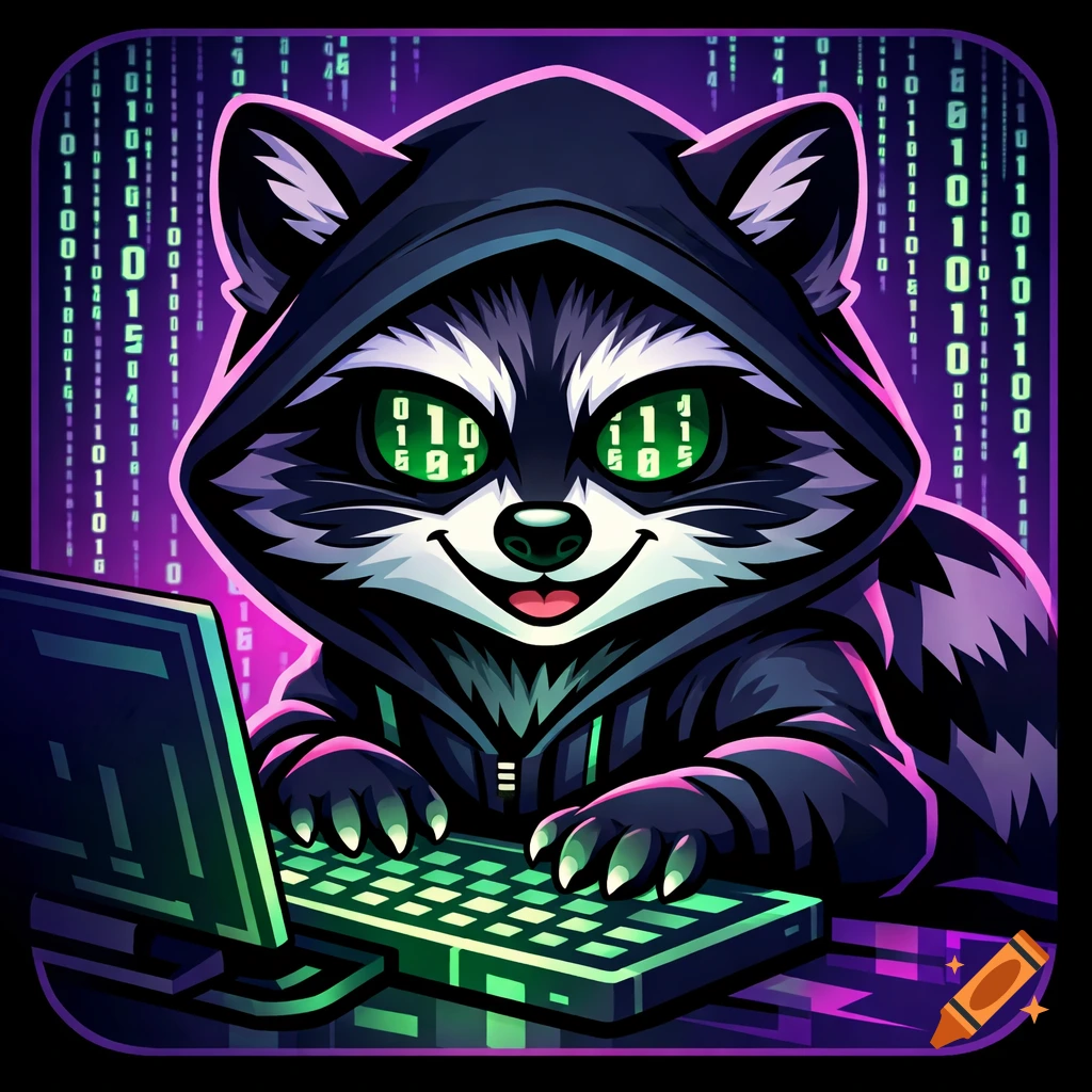 A cute cyberpunk raccoon hacker in a dark hoodie sits at a glowing green terminal, with binary code in the background and glowing eyes. Digital art style.