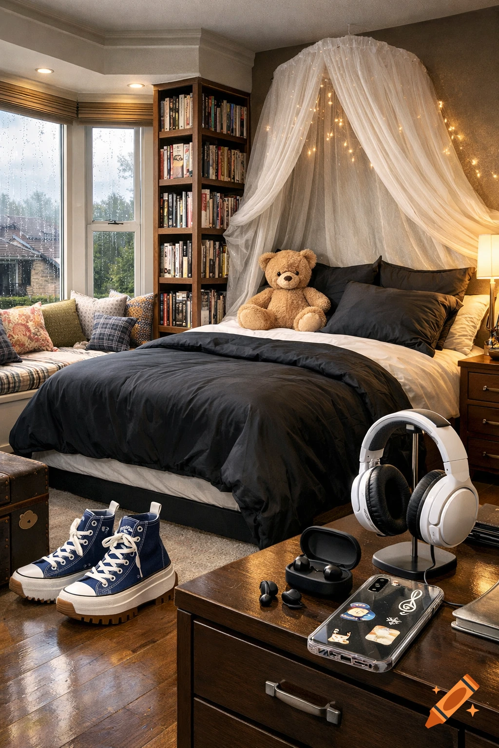 A cozy bedroom with a large bed, black duvet, and a teddy bear under a canopy. A bay window overlooks rain, next to a tall bookshelf. Blue platform sneakers, white headphones, and a phone with stickers are on a bedside table.
