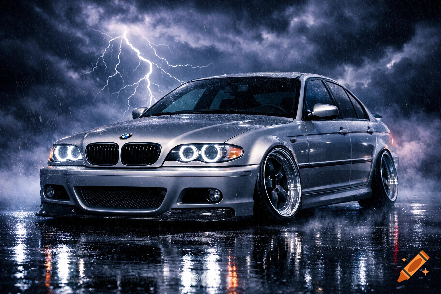 A silver BMW E46 sedan with glowing angel eyes headlights on wet asphalt during a lightning storm at night.