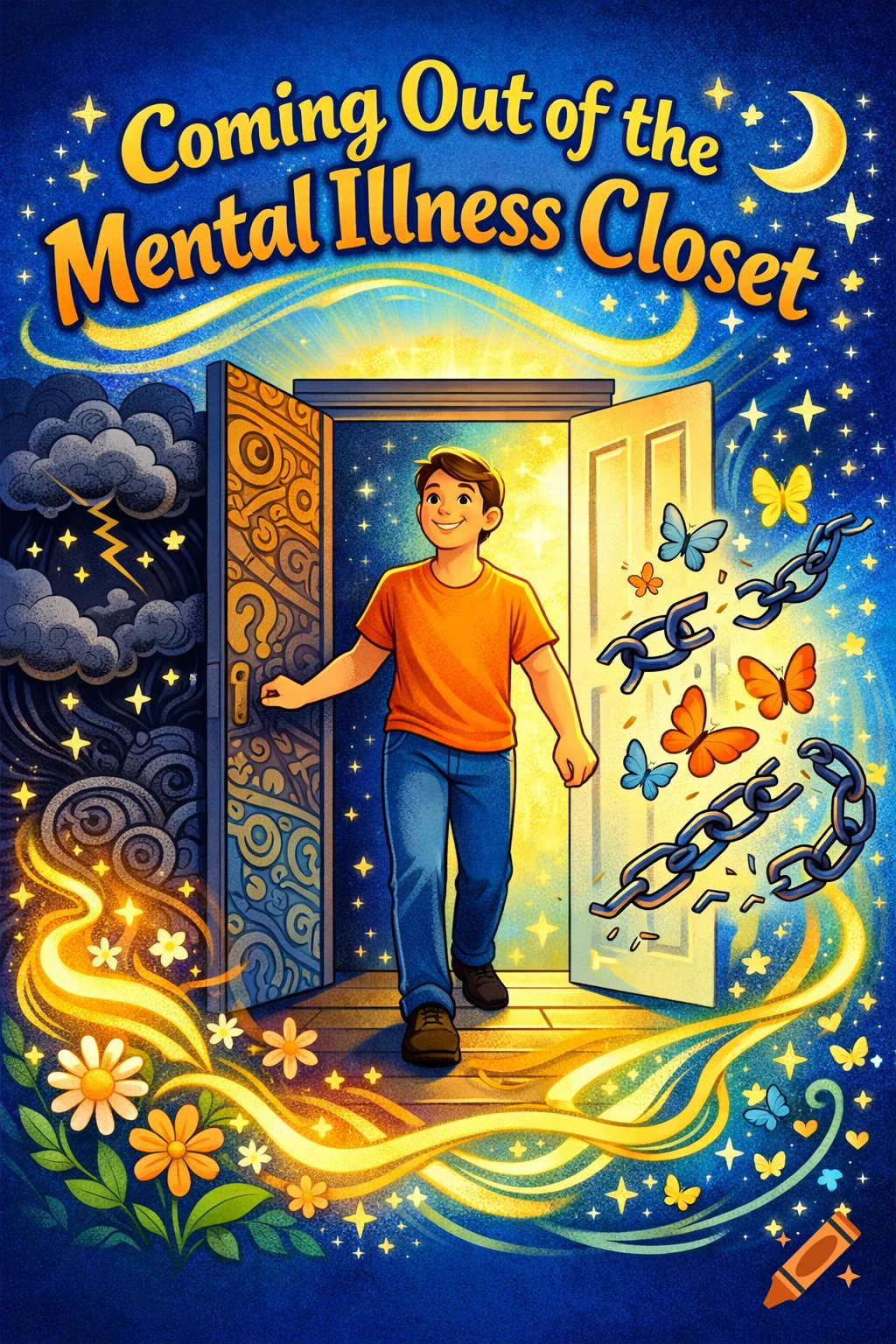 Stylized illustration of a boy stepping through a door from darkness into light, with text 'Coming Out of the Mental Illness Closet'.