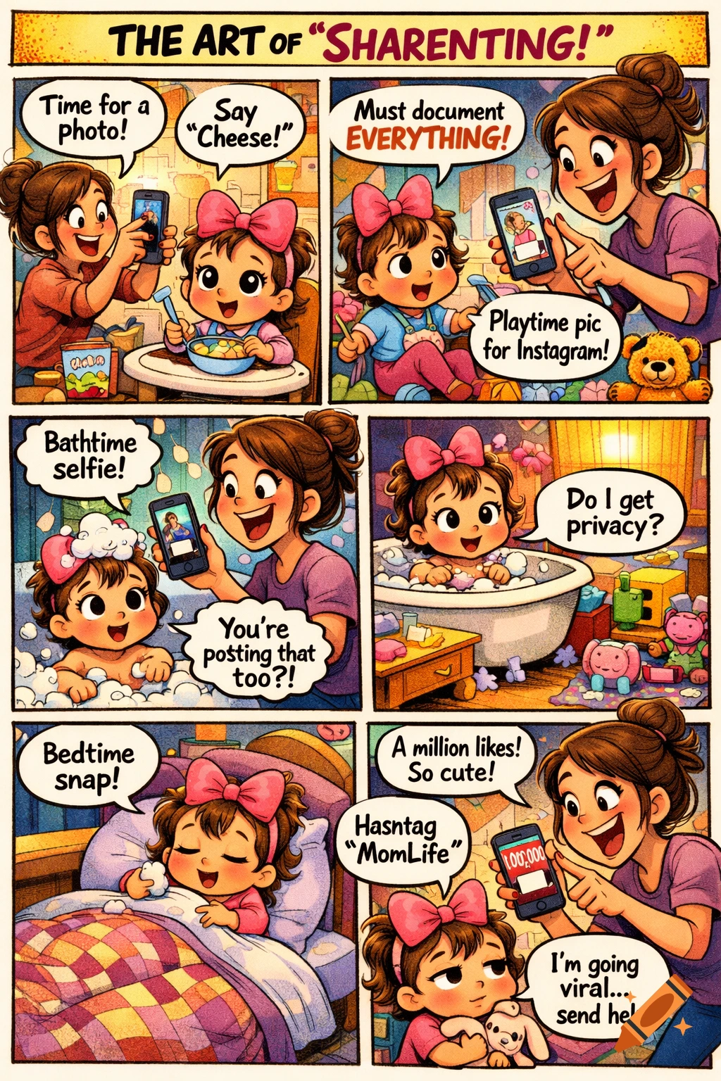 A cartoon comic strip about 'sharenting' showing a mother constantly photographing her young daughter for social media posts.