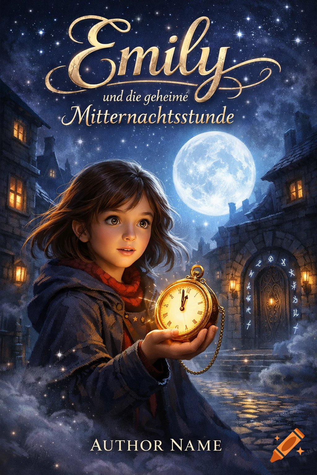 A girl in a magical old city at night holds a glowing pocket watch. Text reads "Emily und die geheime Mitternachtsstunde" and "Author Name".