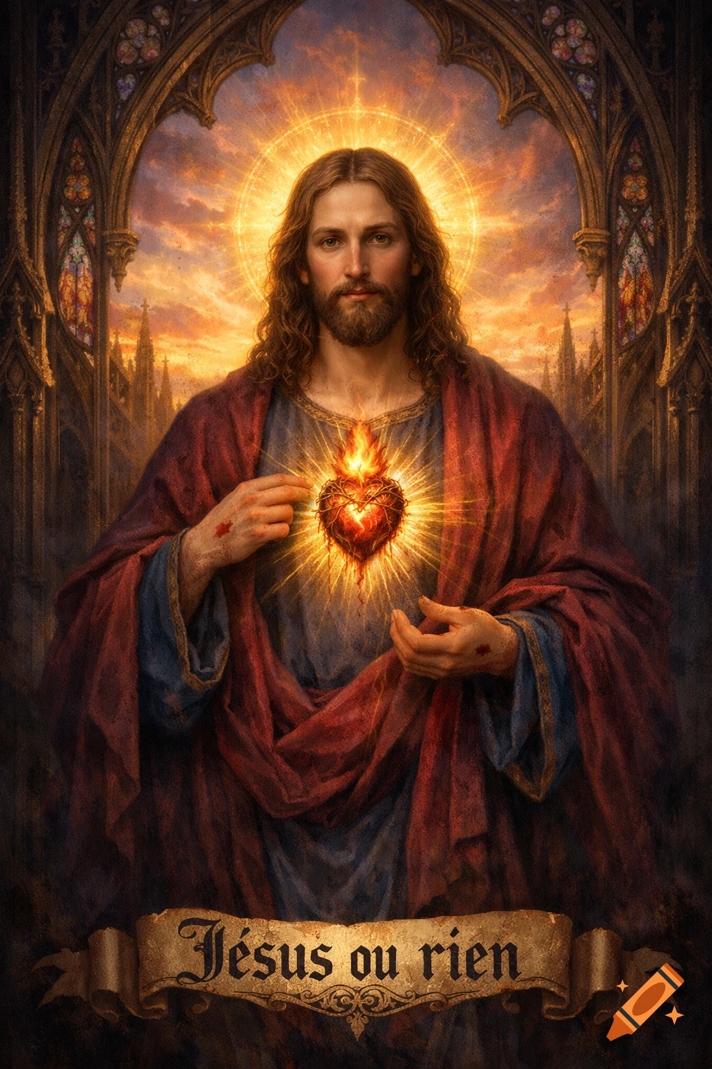 Jesus Christ with a flaming Sacred Heart and stigmata on his hands, framed by gothic architecture and a radiant sunset. A banner reads "Jésus ou rien".