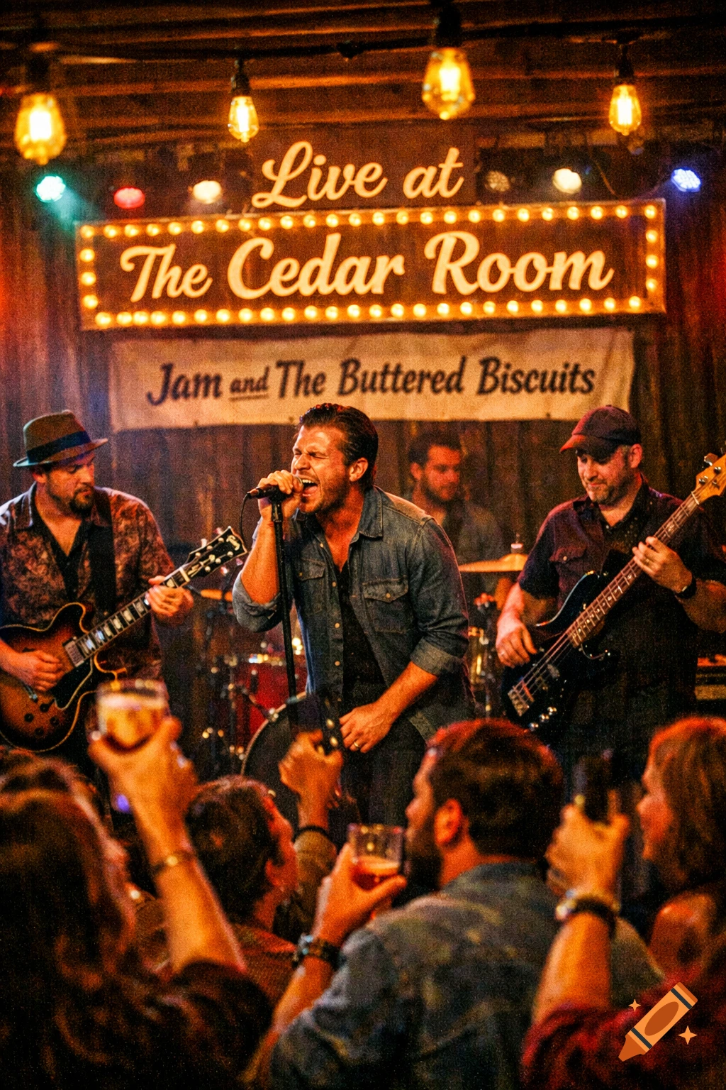 A band performs live on stage at 'The Cedar Room' with a lead singer at the mic, guitarist, and bassist, as a crowd holds up drinks.