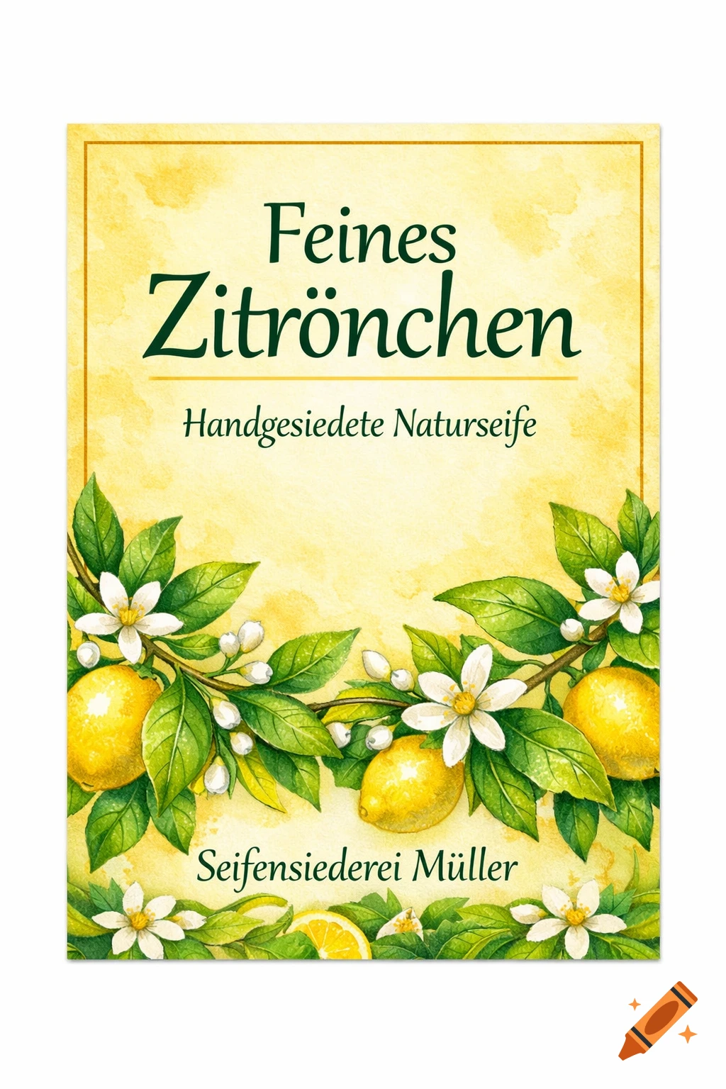 A watercolor-style label for 'Feines Zitrönchen' natural soap, featuring lemons, white blossoms, and green leaves on a yellow background.