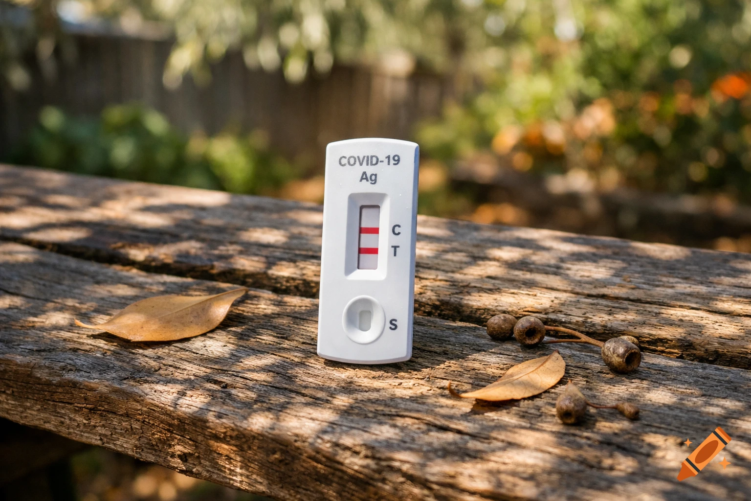 A positive COVID-19 antigen rapid test kit sits on a weathered wooden bench outdoors, with leaves and seed pods.