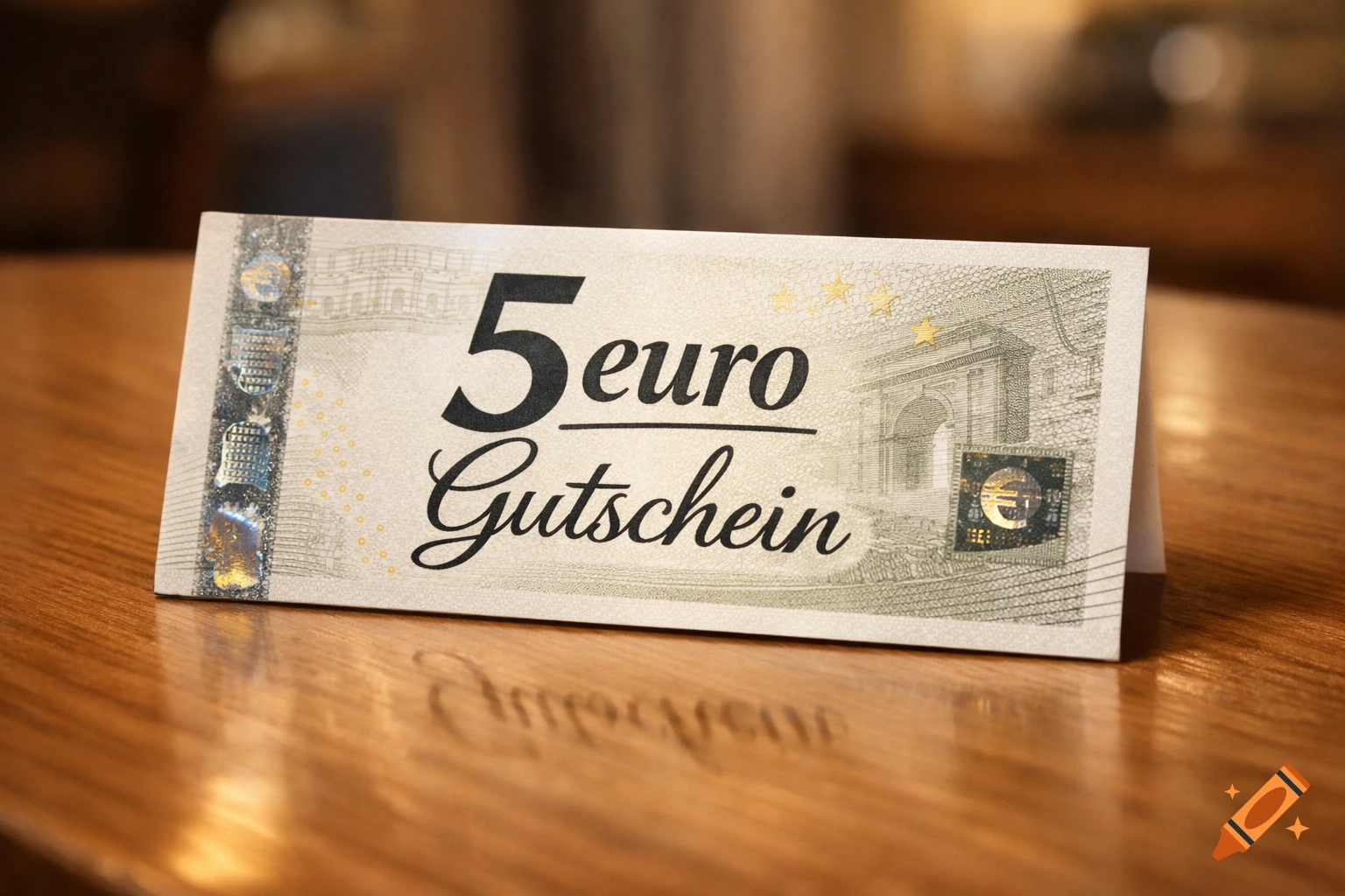 A close-up, photorealistic image of a 5 euro Gutschein (voucher) standing on a wooden table, with reflections.