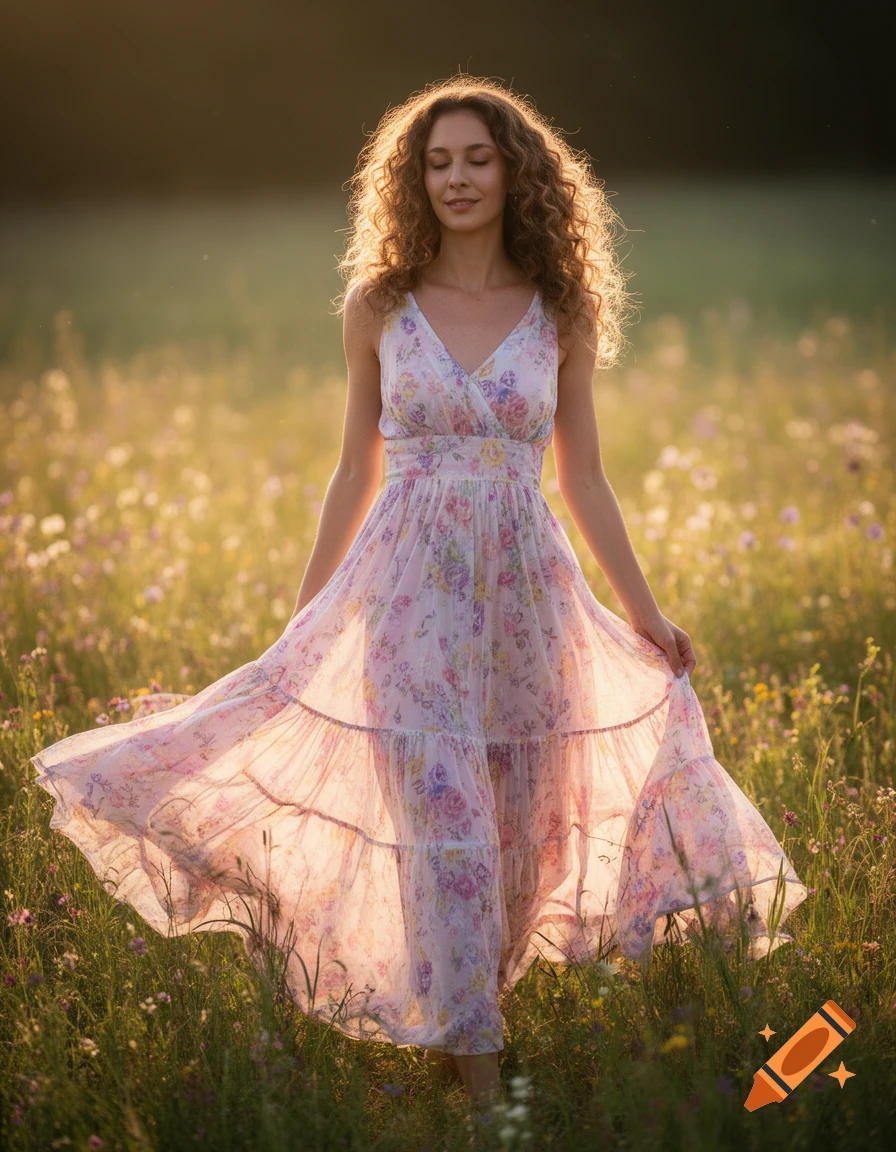 Photorealistic portrait of a smiling woman with curly hair in a floral ...