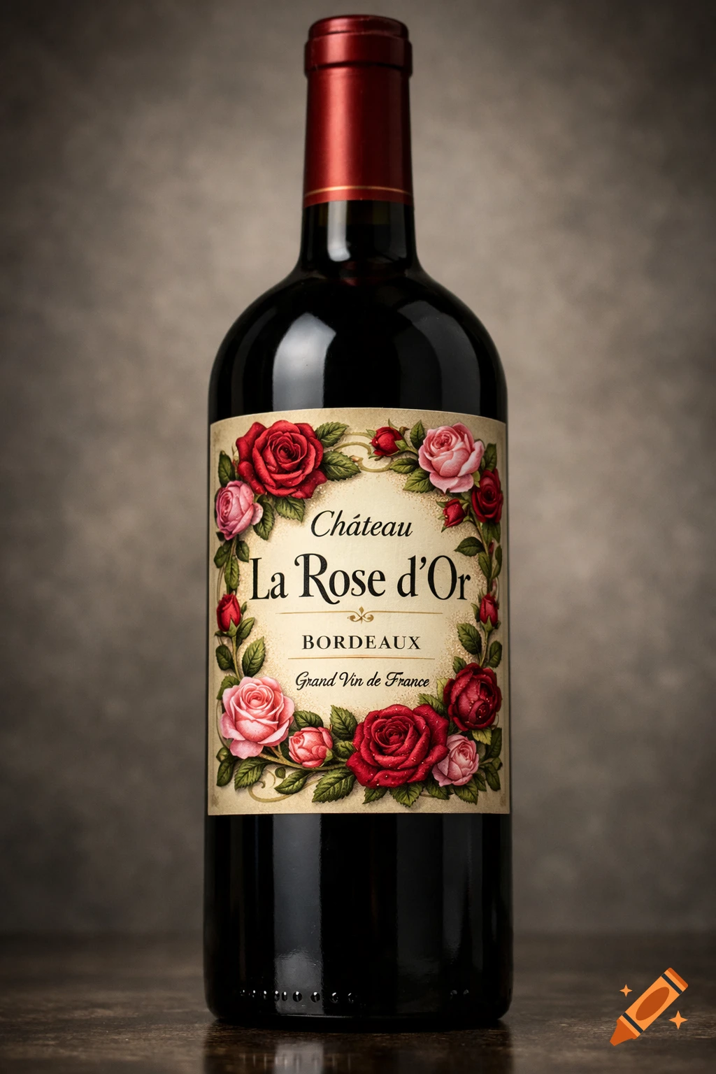 A dark red wine bottle with a decorative label featuring red and pink roses and French text, set against a textured background.