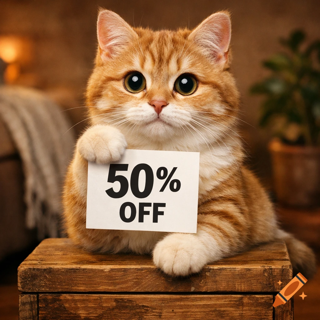 A photorealistic ginger cat with big eyes holds a "50% OFF" sign while sitting on a wooden crate.