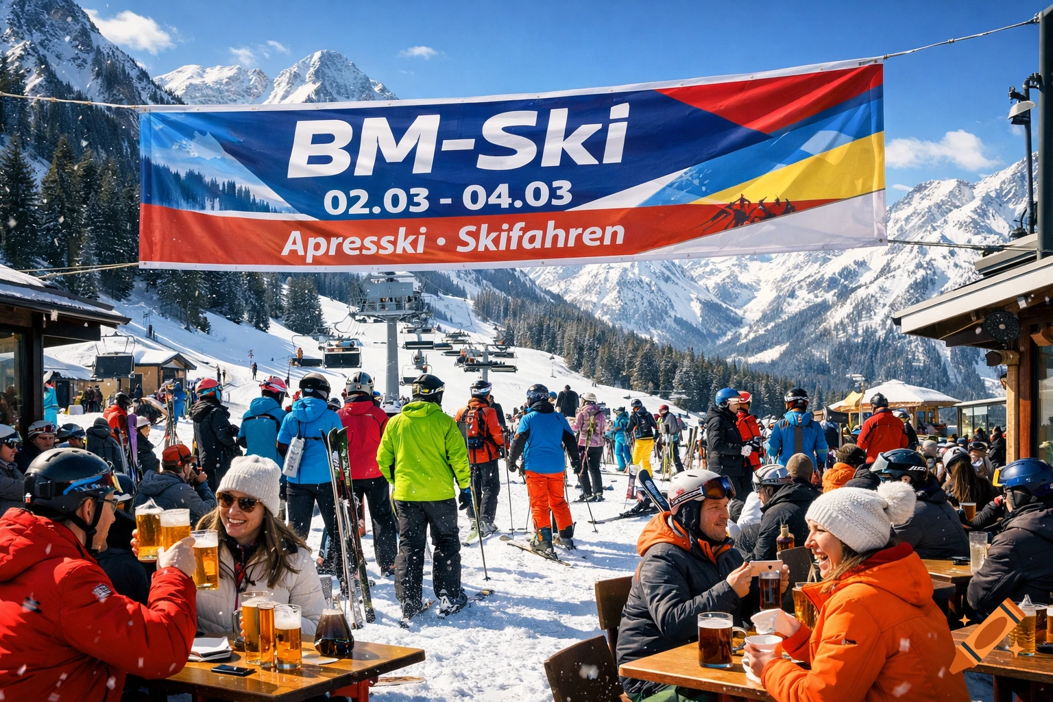 Photorealistic image of people skiing and enjoying drinks at an outdoor bar in a sunny mountain resort under a 'BM-Ski' banner.
