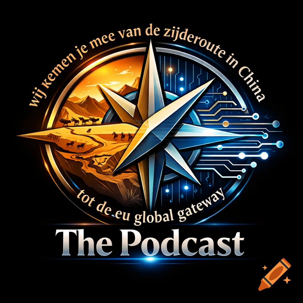 A stylized logo featuring a compass rose. One half depicts a desert path with camels, the other half abstract blue circuitry. Text reads "wij kemen je mee van de zijderoute in China tot de.eu global gateway The Podcast".