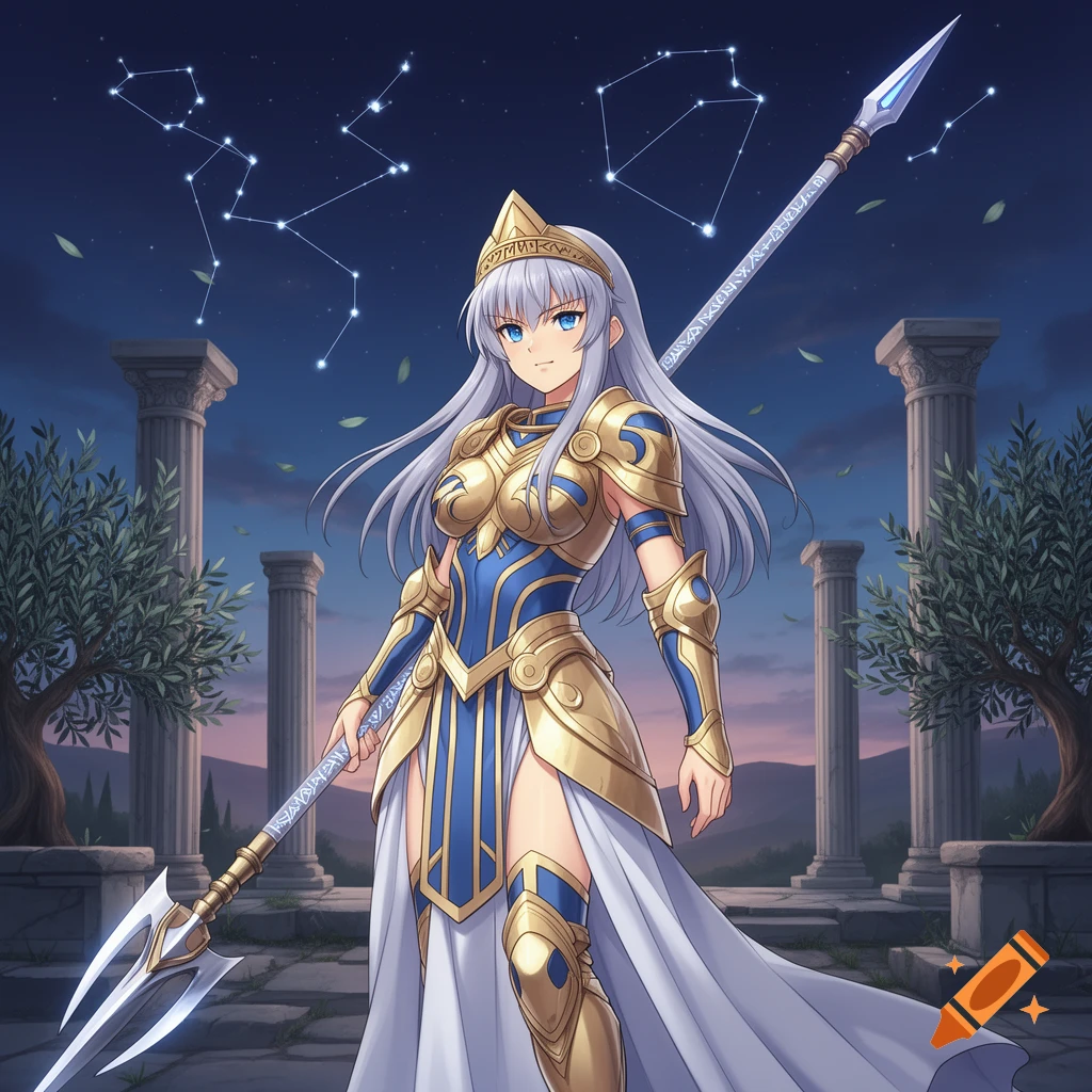 Anime-style goddess Athena in golden armor holds a trident among ancient columns under a starry night with constellations.