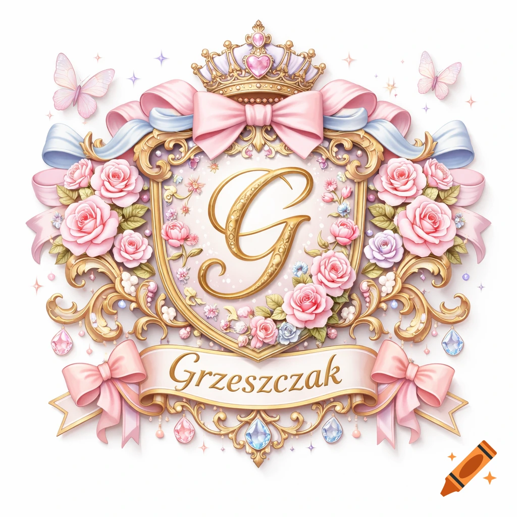A cute, ornate golden family crest with a crown, pink ribbons, roses, butterflies, gems, and the initial 'G' above the name 'Grzeszczak'.