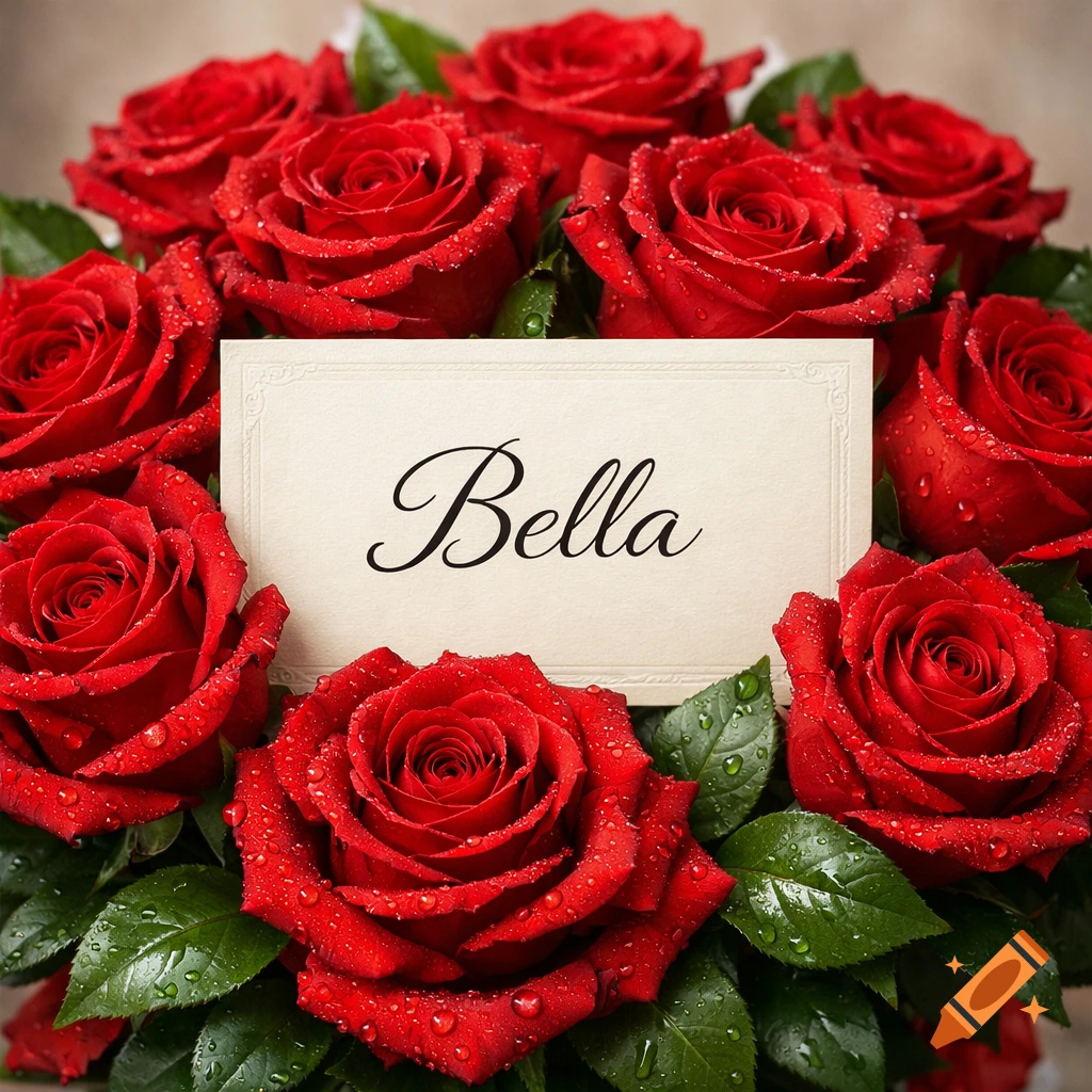 A vibrant bouquet of red roses covered in water droplets, featuring a cream-colored card with the name "Bella" in script.
