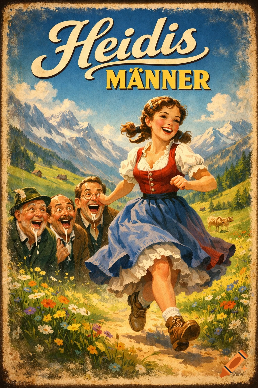 Vintage poster art of a smiling Heidi skipping through an alpine meadow, followed by three drooling men.