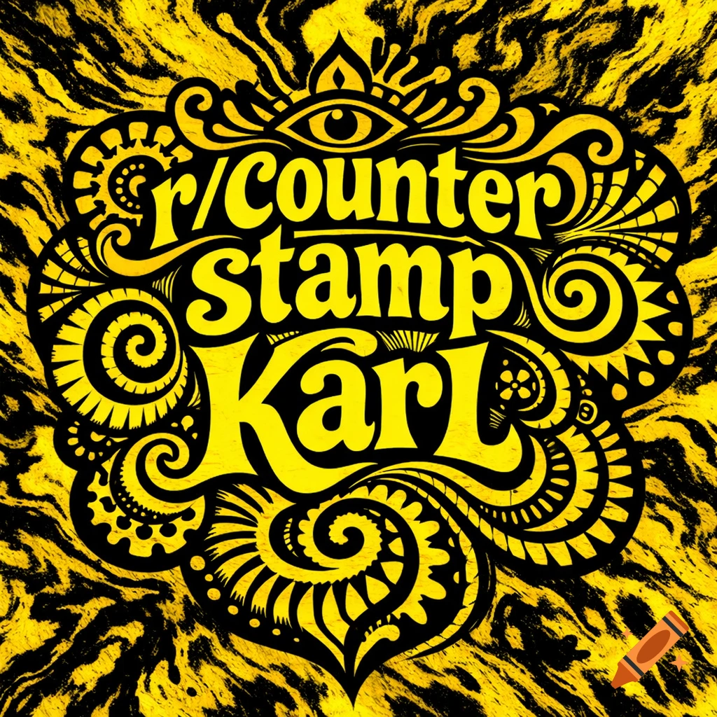 A black and yellow psychedelic logo with intricate patterns and the text "r/counter stamp Karl" in bold, stylized font.