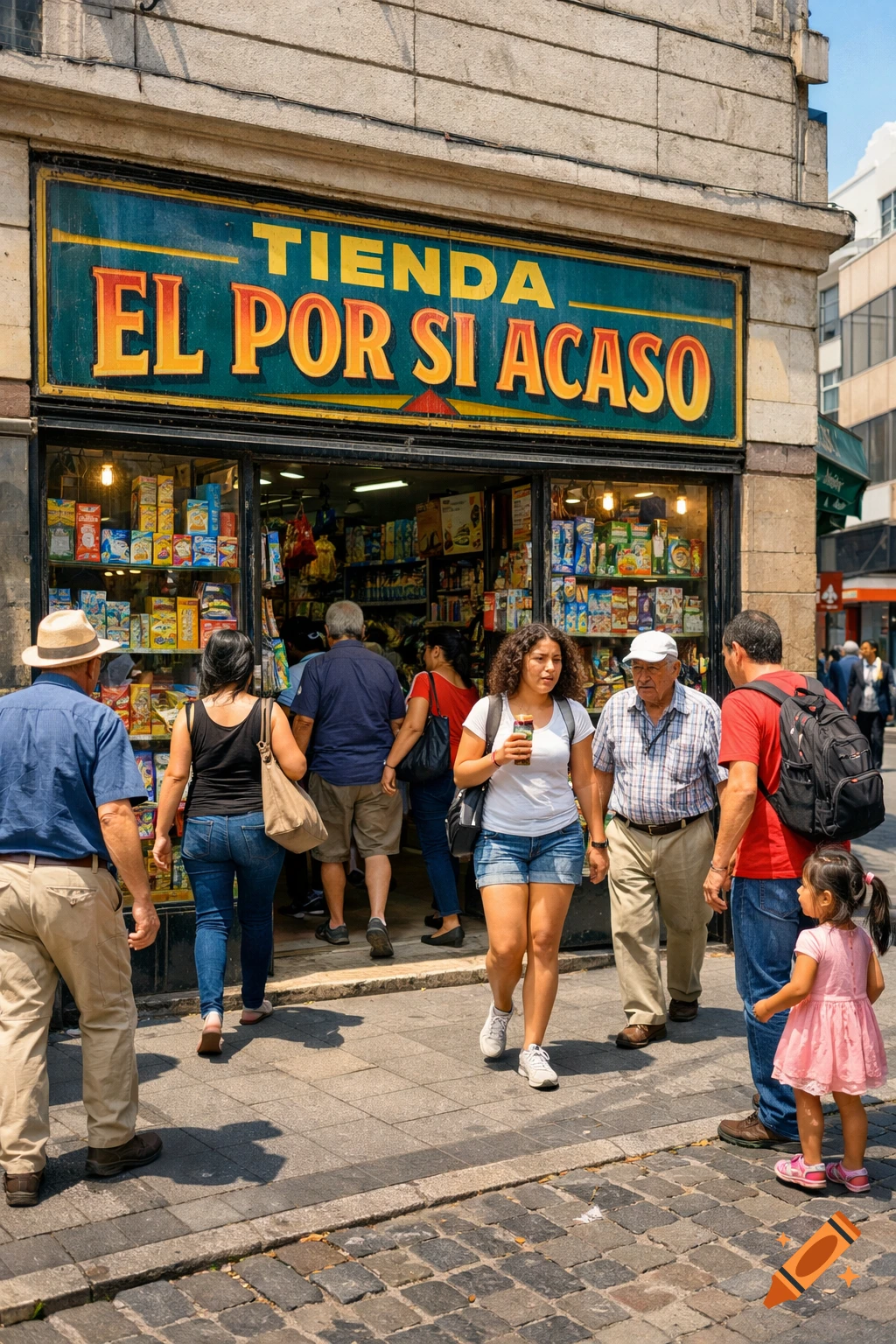 People walk past a storefront with a sign reading "Tienda El Por Si Acaso" on a sunny day.