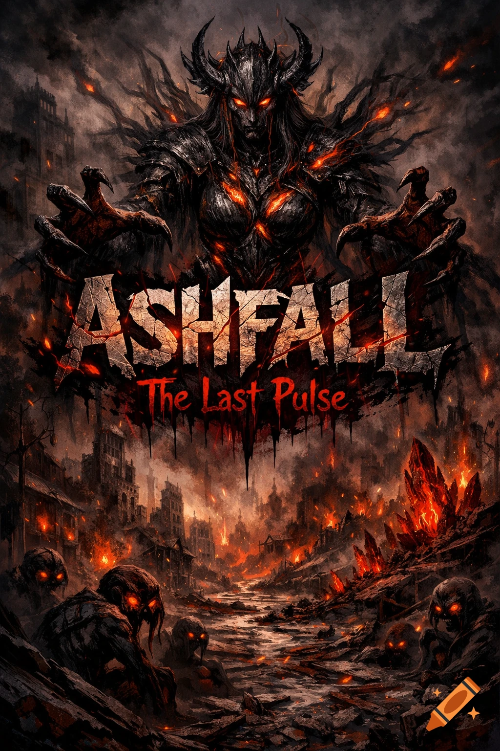 Dark fantasy art depicts a horned demon queen reaching over a burning, ruined city with 'ASHFALL The Last Pulse' text.