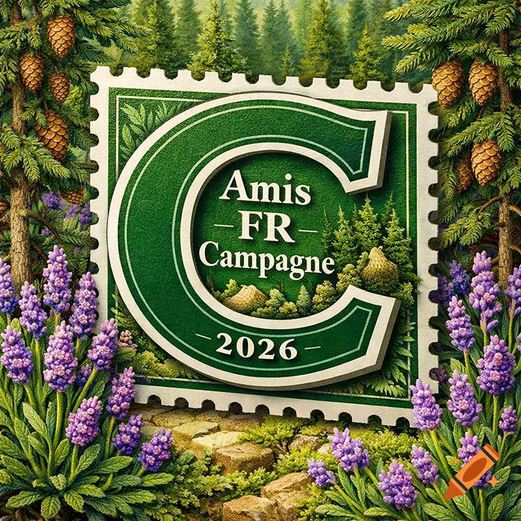 A detailed concept art of a green and white stamp featuring a large 'C' with "Amis -FR- Campagne -2026-" inside, surrounded by pine trees, pine cones, and purple lavender flowers.