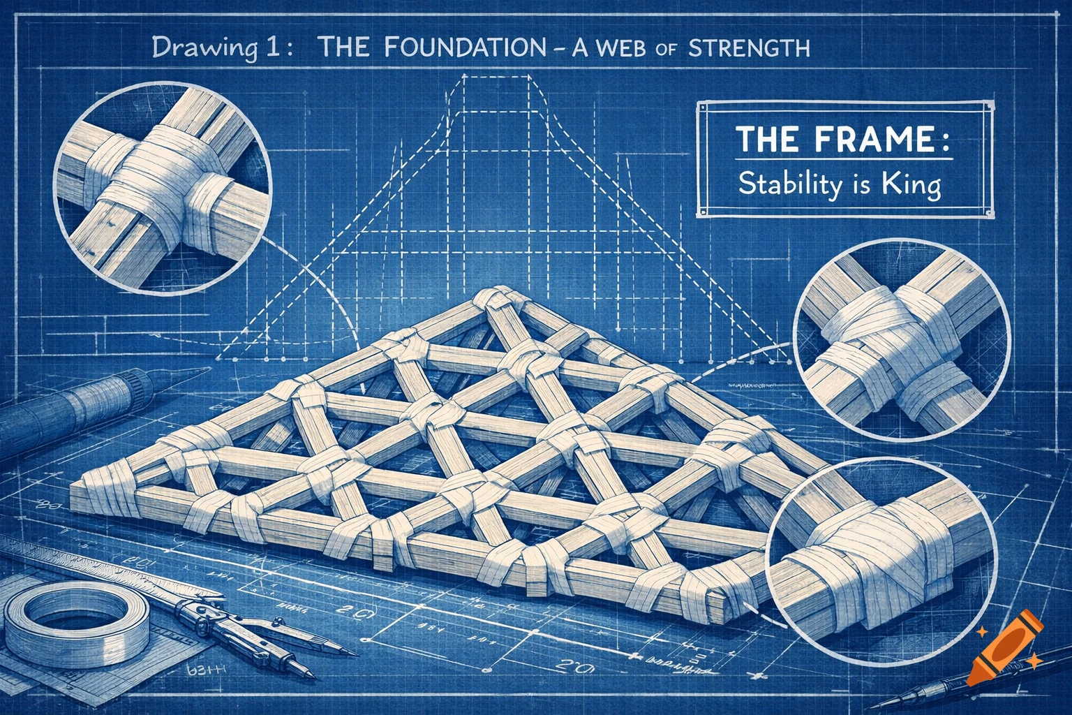 Blueprint drawing of a triangular foundation made of popsicle sticks ...