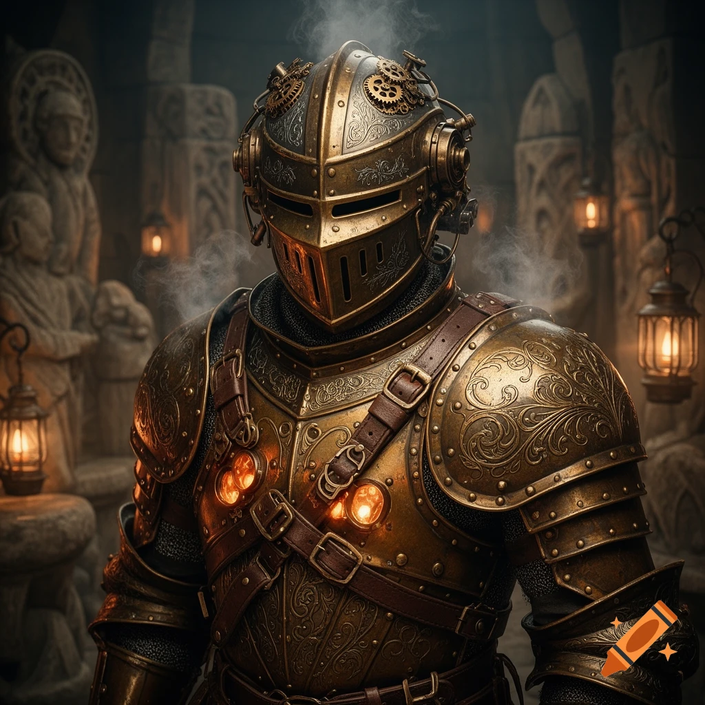 A dramatic close-up of a knight in intricately detailed gold and bronze steampunk armor with gears, glowing lights, and rising smoke.