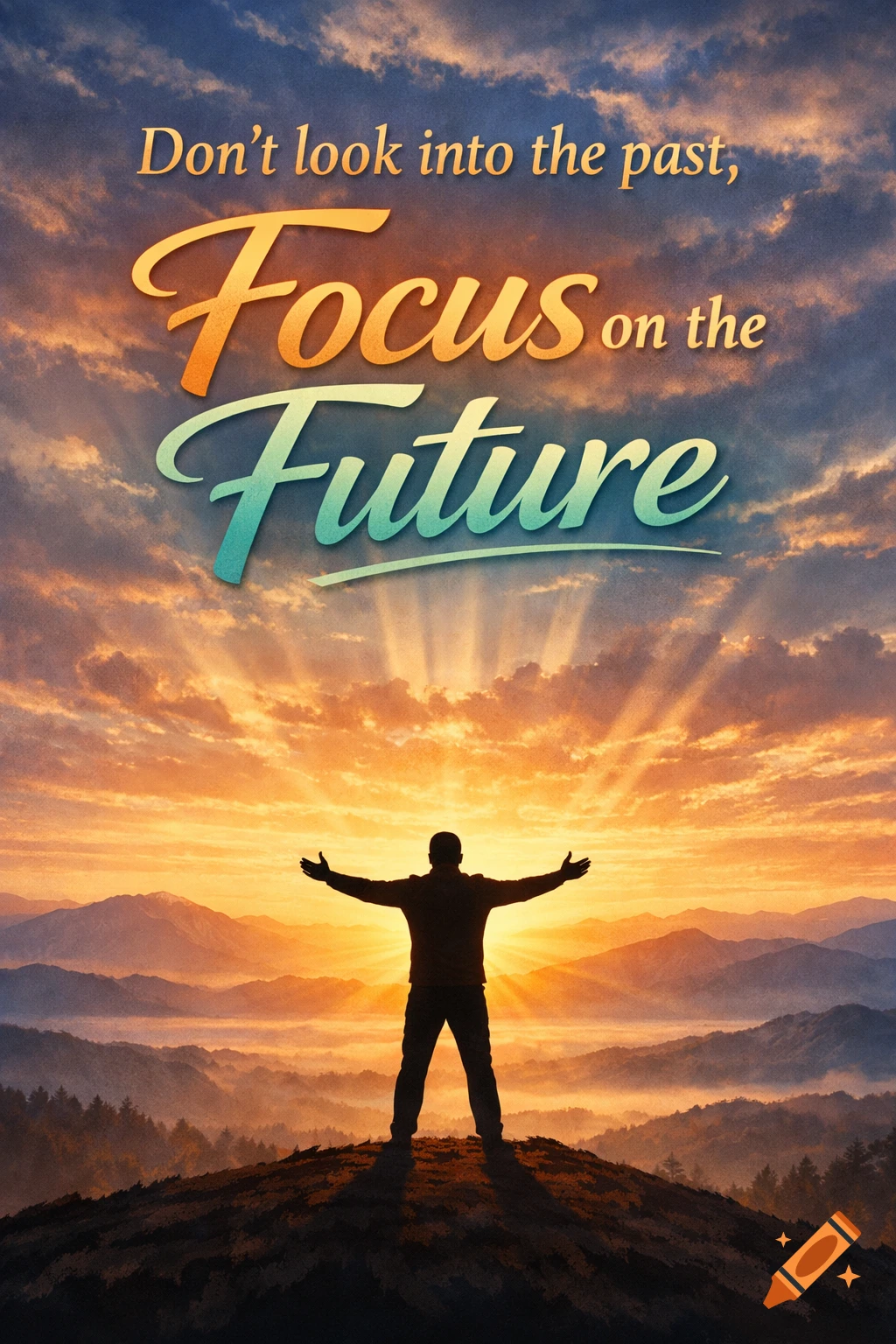 Person silhouetted on a mountain at sunrise with arms outstretched. Text: 'Don't look into the past, Focus on the Future.'