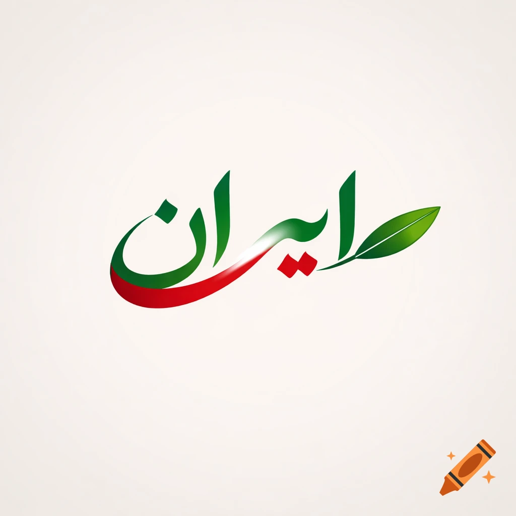 Persian calligraphy of 'Iran' in green, white, and red flag colors, with an olive leaf.